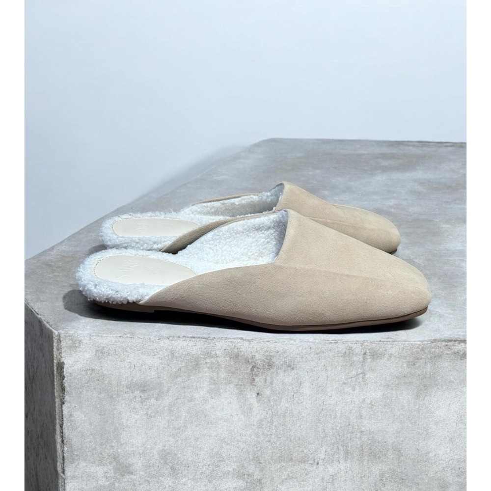 Franco Sarto Sandra Suede Mule Slippers  7.5 Beige Shearling Lined Comfort Flats